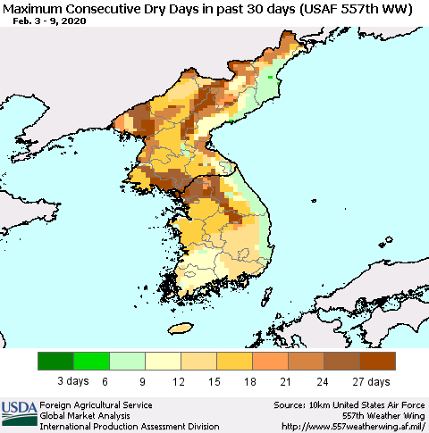 Korea Maximum Consecutive Dry Days in past 30 days (USAF 557th WW) 02/09/2020 Thematic Map For 2/3/2020 - 2/9/2020