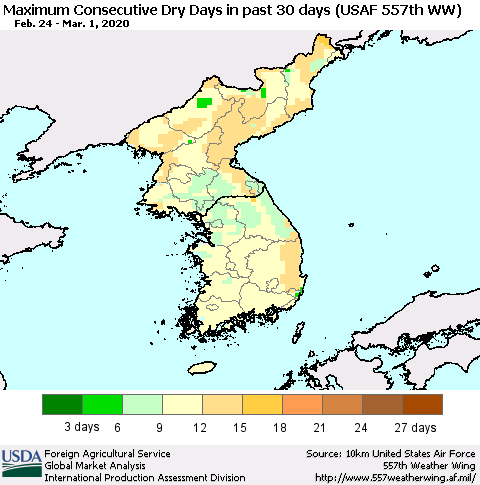 Korea Maximum Consecutive Dry Days in past 30 days (USAF 557th WW) 03/01/2020 Thematic Map For 2/24/2020 - 3/1/2020