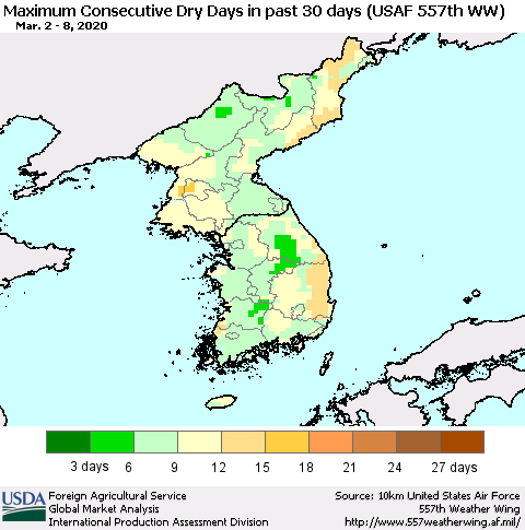 Korea Maximum Consecutive Dry Days in past 30 days (USAF 557th WW) 03/08/2020 Thematic Map For 3/2/2020 - 3/8/2020