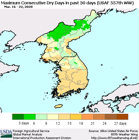 Korea Maximum Consecutive Dry Days in past 30 days (USAF 557th WW) 03/22/2020 Thematic Map For 3/16/2020 - 3/22/2020