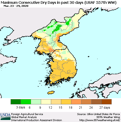 Korea Maximum Consecutive Dry Days in past 30 days (USAF 557th WW) 03/29/2020 Thematic Map For 3/23/2020 - 3/29/2020