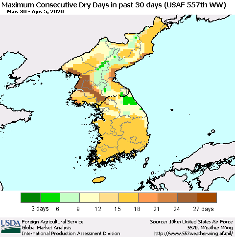 Korea Maximum Consecutive Dry Days in past 30 days (USAF 557th WW) 04/05/2020 Thematic Map For 3/30/2020 - 4/5/2020