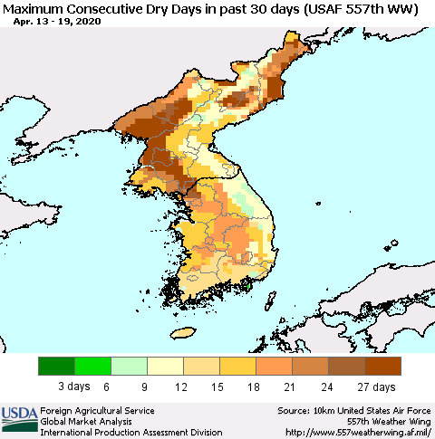 Korea Maximum Consecutive Dry Days in past 30 days (USAF 557th WW) 04/19/2020 Thematic Map For 4/13/2020 - 4/19/2020
