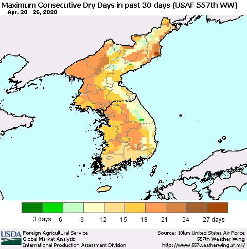 Korea Maximum Consecutive Dry Days in past 30 days (USAF 557th WW) 04/26/2020 Thematic Map For 4/20/2020 - 4/26/2020