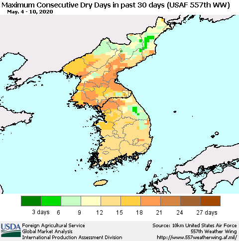 Korea Maximum Consecutive Dry Days in past 30 days (USAF 557th WW) 05/10/2020 Thematic Map For 5/4/2020 - 5/10/2020