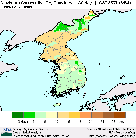 Korea Maximum Consecutive Dry Days in past 30 days (USAF 557th WW) 05/24/2020 Thematic Map For 5/18/2020 - 5/24/2020