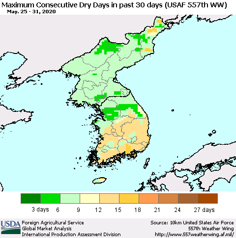 Korea Maximum Consecutive Dry Days in past 30 days (USAF 557th WW) 05/31/2020 Thematic Map For 5/25/2020 - 5/31/2020