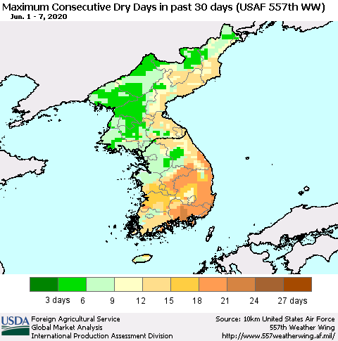 Korea Maximum Consecutive Dry Days in past 30 days (USAF 557th WW) 06/07/2020 Thematic Map For 6/1/2020 - 6/7/2020