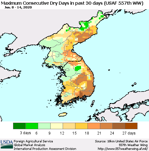 Korea Maximum Consecutive Dry Days in past 30 days (USAF 557th WW) 06/14/2020 Thematic Map For 6/8/2020 - 6/14/2020