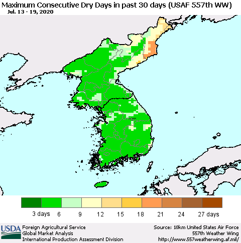 Korea Maximum Consecutive Dry Days in past 30 days (USAF 557th WW) 07/19/2020 Thematic Map For 7/13/2020 - 7/19/2020