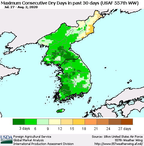 Korea Maximum Consecutive Dry Days in past 30 days (USAF 557th WW) 08/02/2020 Thematic Map For 7/27/2020 - 8/2/2020