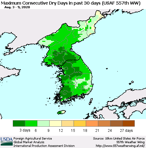 Korea Maximum Consecutive Dry Days in past 30 days (USAF 557th WW) 08/09/2020 Thematic Map For 8/3/2020 - 8/9/2020