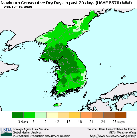 Korea Maximum Consecutive Dry Days in past 30 days (USAF 557th WW) 08/16/2020 Thematic Map For 8/10/2020 - 8/16/2020