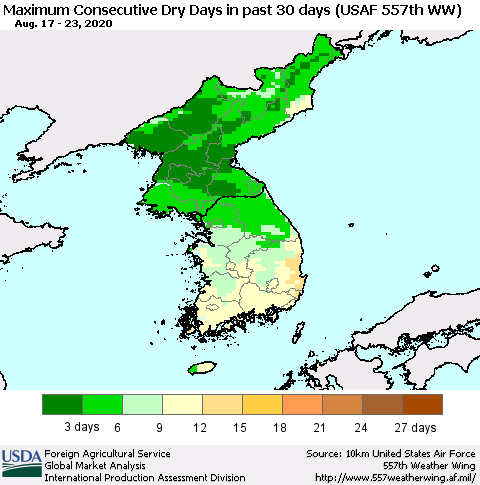 Korea Maximum Consecutive Dry Days in past 30 days (USAF 557th WW) 08/23/2020 Thematic Map For 8/17/2020 - 8/23/2020