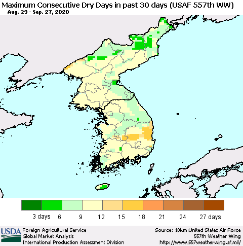 Korea Maximum Consecutive Dry Days in past 30 days (USAF 557th WW) 09/27/2020 Thematic Map For 9/21/2020 - 9/27/2020