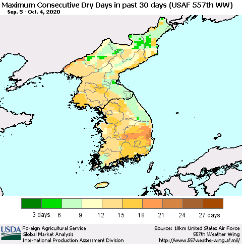 Korea Maximum Consecutive Dry Days in past 30 days (USAF 557th WW) 10/04/2020 Thematic Map For 9/28/2020 - 10/4/2020