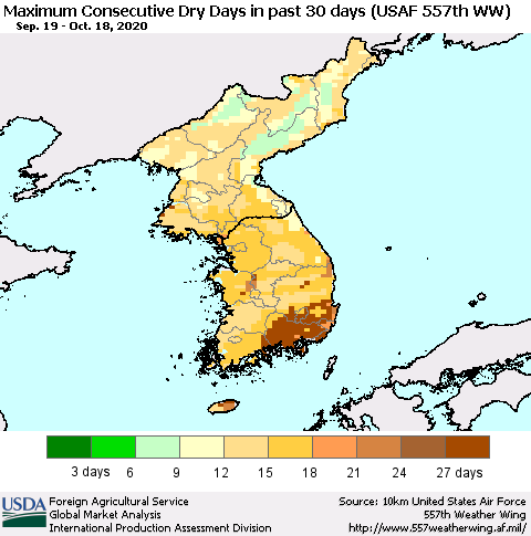 Korea Maximum Consecutive Dry Days in past 30 days (USAF 557th WW) 10/18/2020 Thematic Map For 10/12/2020 - 10/18/2020