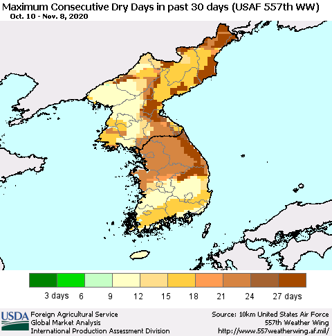 Korea Maximum Consecutive Dry Days in past 30 days (USAF 557th WW) 11/08/2020 Thematic Map For 11/2/2020 - 11/8/2020