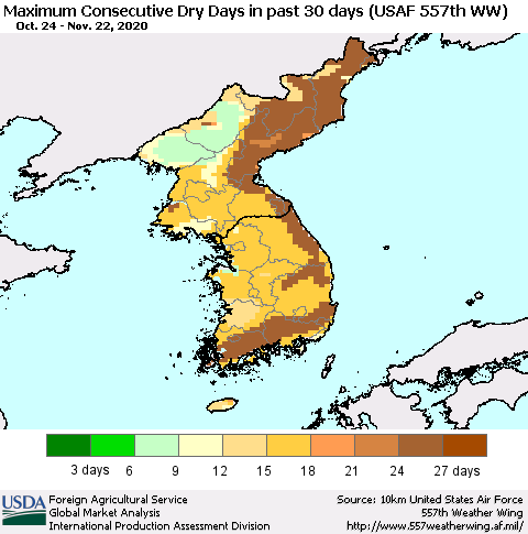 Korea Maximum Consecutive Dry Days in past 30 days (USAF 557th WW) 11/22/2020 Thematic Map For 11/16/2020 - 11/22/2020