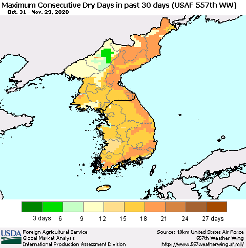 Korea Maximum Consecutive Dry Days in past 30 days (USAF 557th WW) 11/29/2020 Thematic Map For 11/23/2020 - 11/29/2020