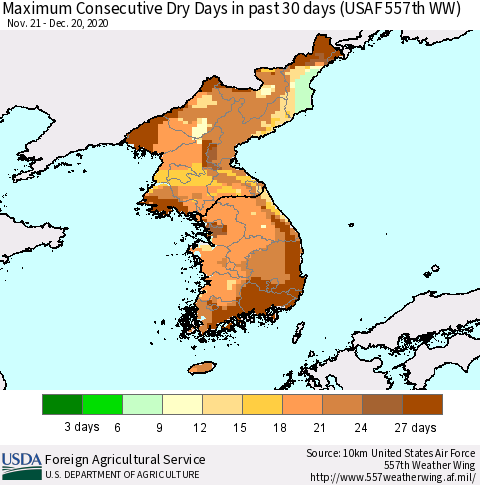 Korea Maximum Consecutive Dry Days in past 30 days (USAF 557th WW) 12/20/2020 Thematic Map For 12/14/2020 - 12/20/2020