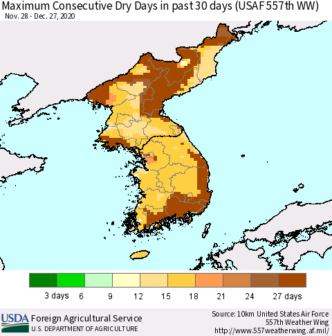 Korea Maximum Consecutive Dry Days in past 30 days (USAF 557th WW) 12/27/2020 Thematic Map For 12/21/2020 - 12/27/2020