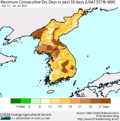 Korea Maximum Consecutive Dry Days in past 30 days (USAF 557th WW) 01/10/2021 Thematic Map For 1/4/2021 - 1/10/2021