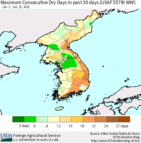 Korea Maximum Consecutive Dry Days in past 30 days (USAF 557th WW) 01/31/2021 Thematic Map For 1/25/2021 - 1/31/2021