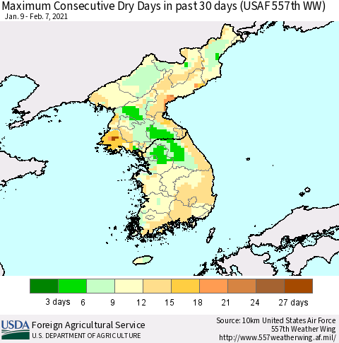 Korea Maximum Consecutive Dry Days in past 30 days (USAF 557th WW) 02/07/2021 Thematic Map For 2/1/2021 - 2/7/2021