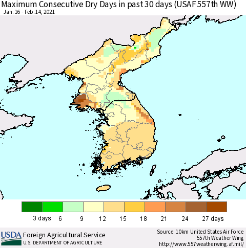 Korea Maximum Consecutive Dry Days in past 30 days (USAF 557th WW) 02/14/2021 Thematic Map For 2/8/2021 - 2/14/2021
