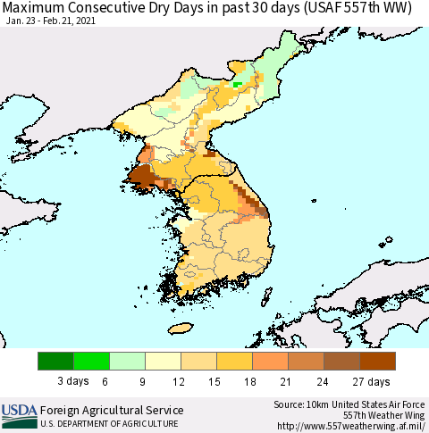 Korea Maximum Consecutive Dry Days in past 30 days (USAF 557th WW) 02/21/2021 Thematic Map For 2/15/2021 - 2/21/2021