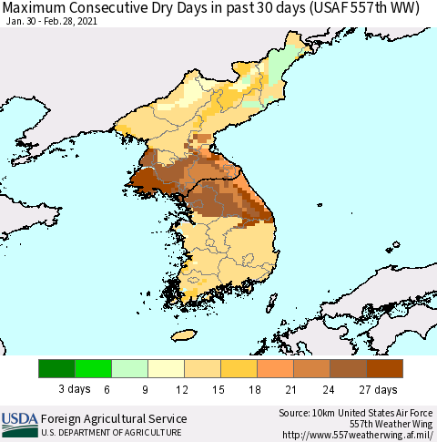 Korea Maximum Consecutive Dry Days in past 30 days (USAF 557th WW) 02/28/2021 Thematic Map For 2/22/2021 - 2/28/2021