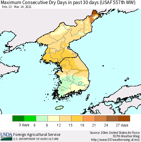 Korea Maximum Consecutive Dry Days in past 30 days (USAF 557th WW) 03/14/2021 Thematic Map For 3/8/2021 - 3/14/2021