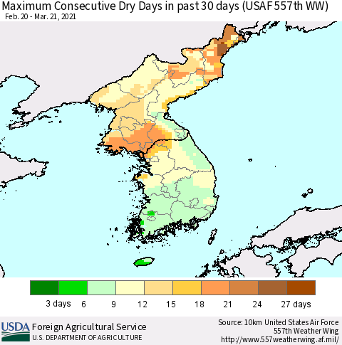 Korea Maximum Consecutive Dry Days in past 30 days (USAF 557th WW) 03/21/2021 Thematic Map For 3/15/2021 - 3/21/2021
