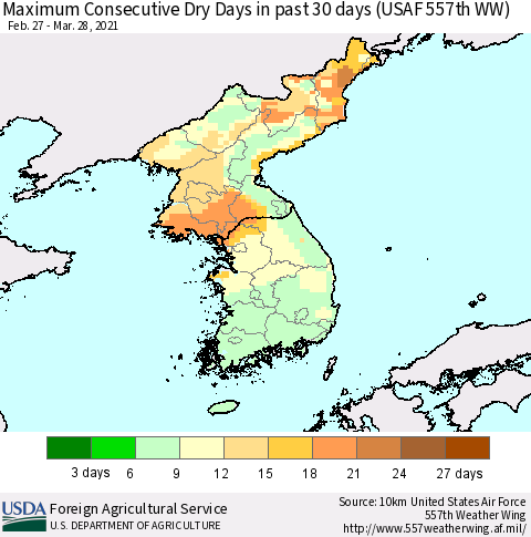 Korea Maximum Consecutive Dry Days in past 30 days (USAF 557th WW) 03/28/2021 Thematic Map For 3/22/2021 - 3/28/2021