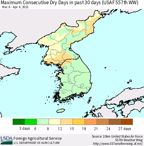 Korea Maximum Consecutive Dry Days in past 30 days (USAF 557th WW) 04/04/2021 Thematic Map For 3/29/2021 - 4/4/2021