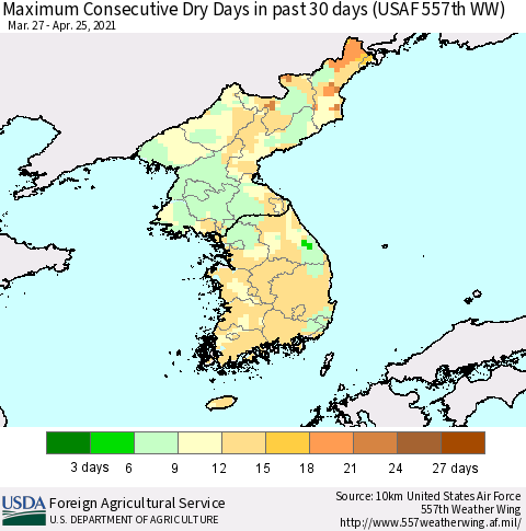Korea Maximum Consecutive Dry Days in past 30 days (USAF 557th WW) 04/25/2021 Thematic Map For 4/19/2021 - 4/25/2021