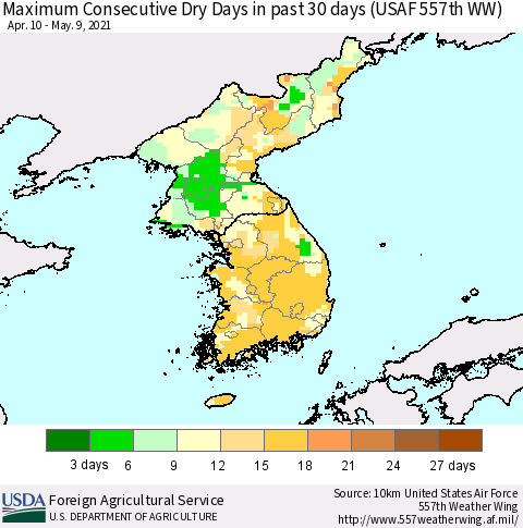 Korea Maximum Consecutive Dry Days in past 30 days (USAF 557th WW) 05/09/2021 Thematic Map For 5/3/2021 - 5/9/2021