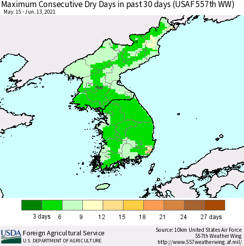 Korea Maximum Consecutive Dry Days in past 30 days (USAF 557th WW) 06/13/2021 Thematic Map For 6/7/2021 - 6/13/2021