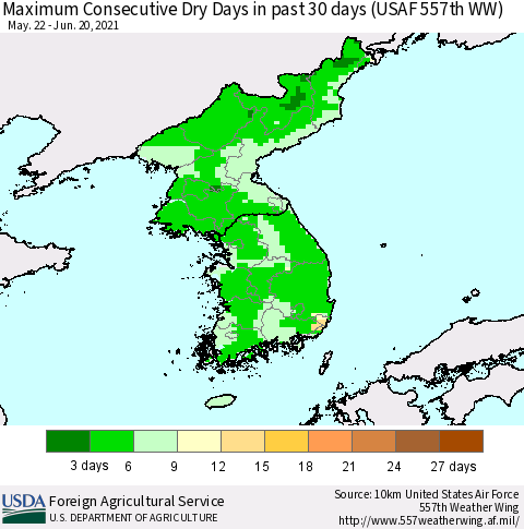Korea Maximum Consecutive Dry Days in past 30 days (USAF 557th WW) 06/20/2021 Thematic Map For 6/14/2021 - 6/20/2021