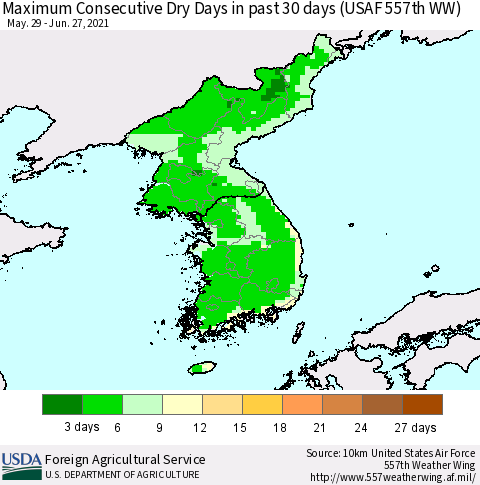 Korea Maximum Consecutive Dry Days in past 30 days (USAF 557th WW) 06/27/2021 Thematic Map For 6/21/2021 - 6/27/2021