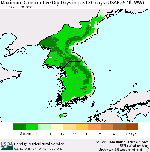 Korea Maximum Consecutive Dry Days in past 30 days (USAF 557th WW) 07/18/2021 Thematic Map For 7/12/2021 - 7/18/2021