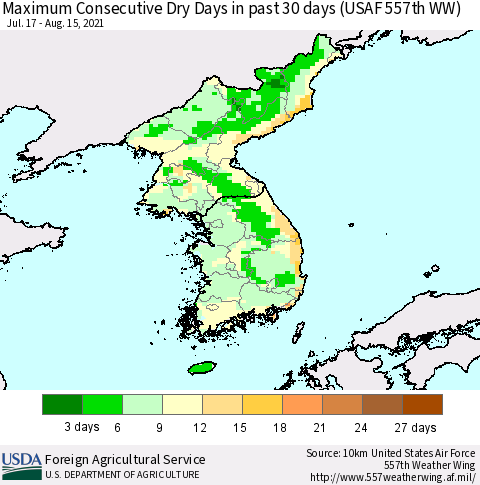 Korea Maximum Consecutive Dry Days in past 30 days (USAF 557th WW) 08/15/2021 Thematic Map For 8/9/2021 - 8/15/2021