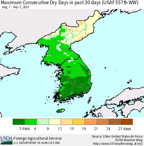 Korea Maximum Consecutive Dry Days in past 30 days (USAF 557th WW) 09/05/2021 Thematic Map For 8/30/2021 - 9/5/2021