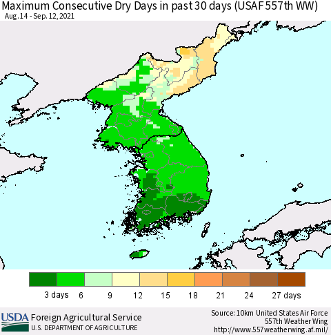 Korea Maximum Consecutive Dry Days in past 30 days (USAF 557th WW) 09/12/2021 Thematic Map For 9/6/2021 - 9/12/2021
