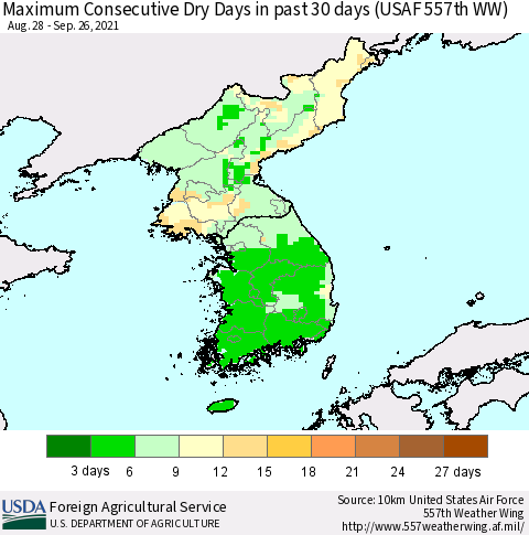 Korea Maximum Consecutive Dry Days in past 30 days (USAF 557th WW) 09/26/2021 Thematic Map For 9/20/2021 - 9/26/2021