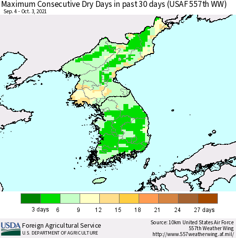 Korea Maximum Consecutive Dry Days in past 30 days (USAF 557th WW) 10/03/2021 Thematic Map For 9/27/2021 - 10/3/2021