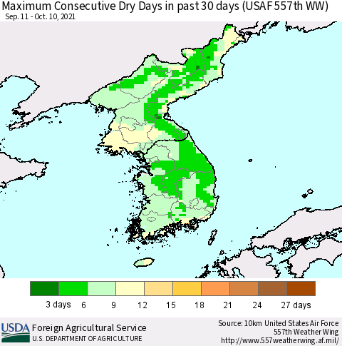 Korea Maximum Consecutive Dry Days in past 30 days (USAF 557th WW) 10/10/2021 Thematic Map For 10/4/2021 - 10/10/2021