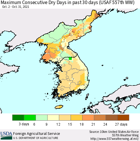 Korea Maximum Consecutive Dry Days in past 30 days (USAF 557th WW) 10/31/2021 Thematic Map For 10/25/2021 - 10/31/2021