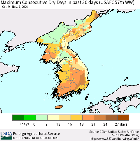 Korea Maximum Consecutive Dry Days in past 30 days (USAF 557th WW) 11/07/2021 Thematic Map For 11/1/2021 - 11/7/2021